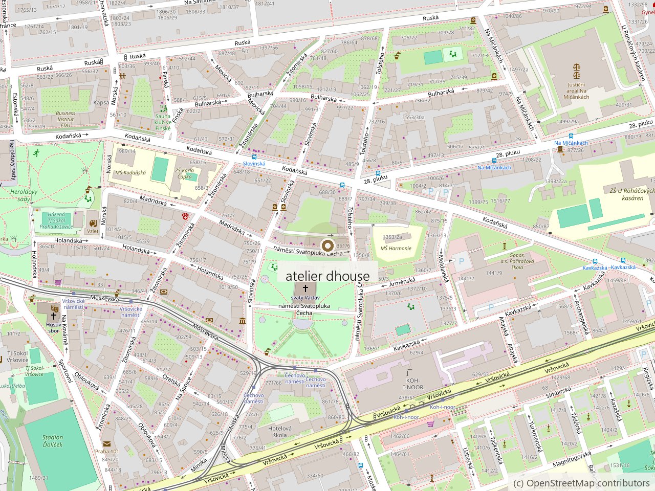 Mapa okolí atelieru dhouse — Náměstí Svatopluka Čecha 1350/5, Praha 10 — Vršovice
